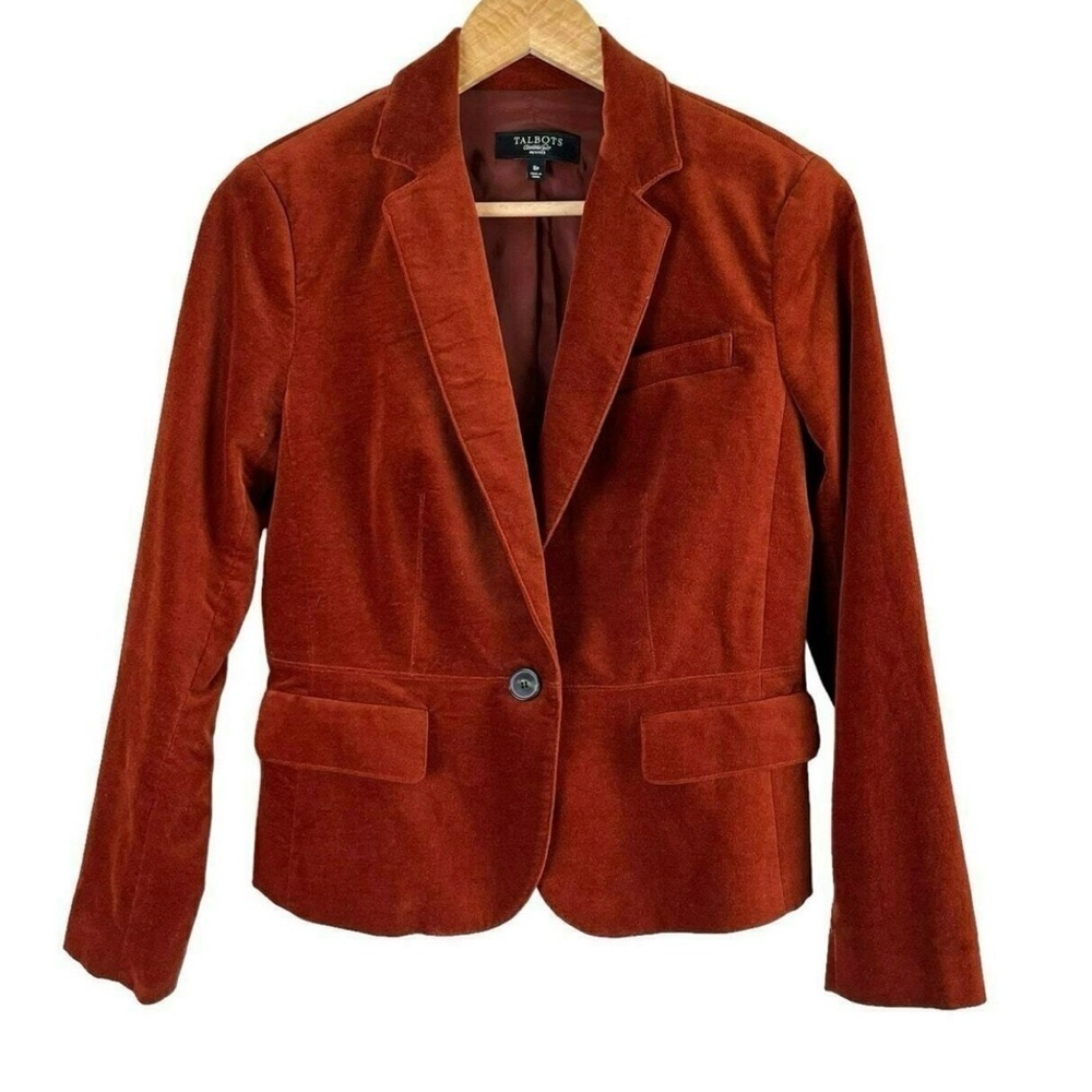 Talbots Burnt Orange Velvet Blazer Jacket One Button Front, Size 8